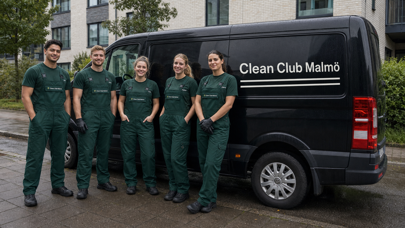 Cleaning Club Malmö-team står utanför en svart brandad skåpbil