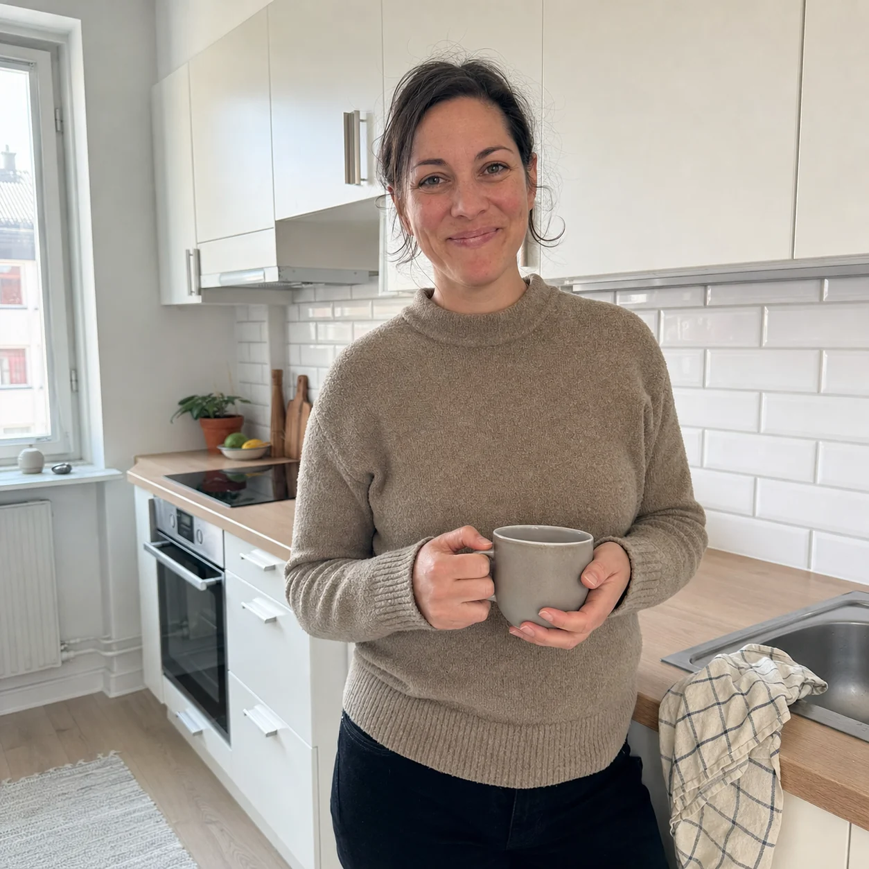 Kund med en mugg i ett nystädat lägenhetskök