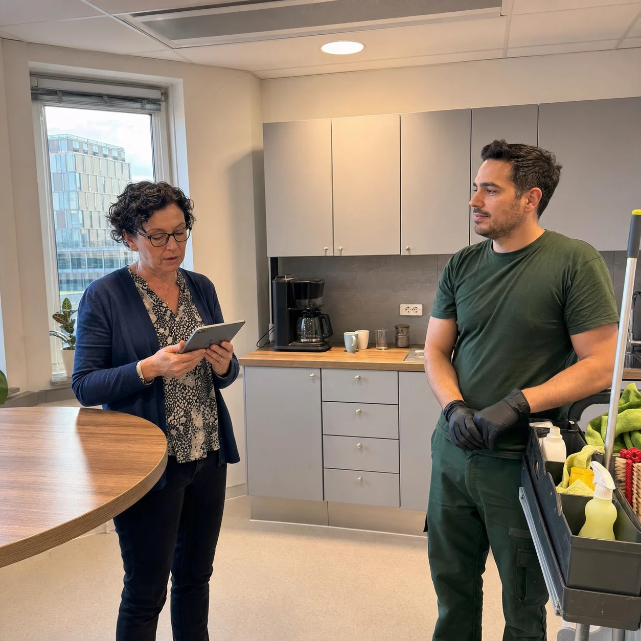 Kontorsansvarig och städare i ett rent pentry
