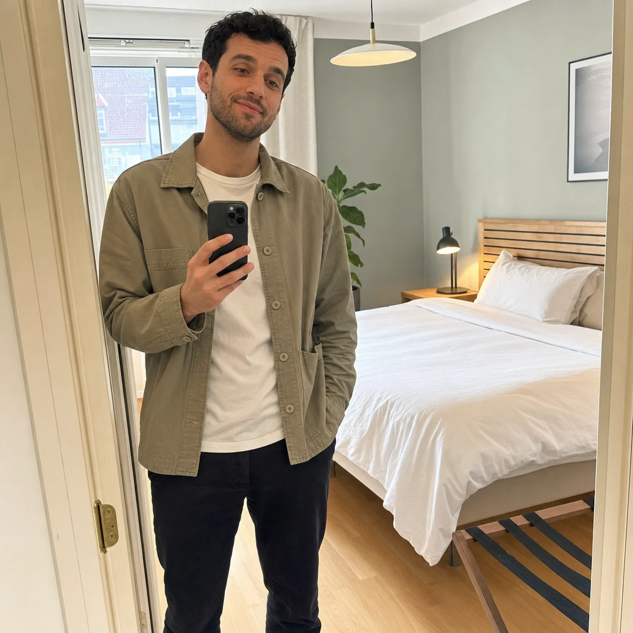 Airbnb-värd vid dörren till ett nybäddat sovrum