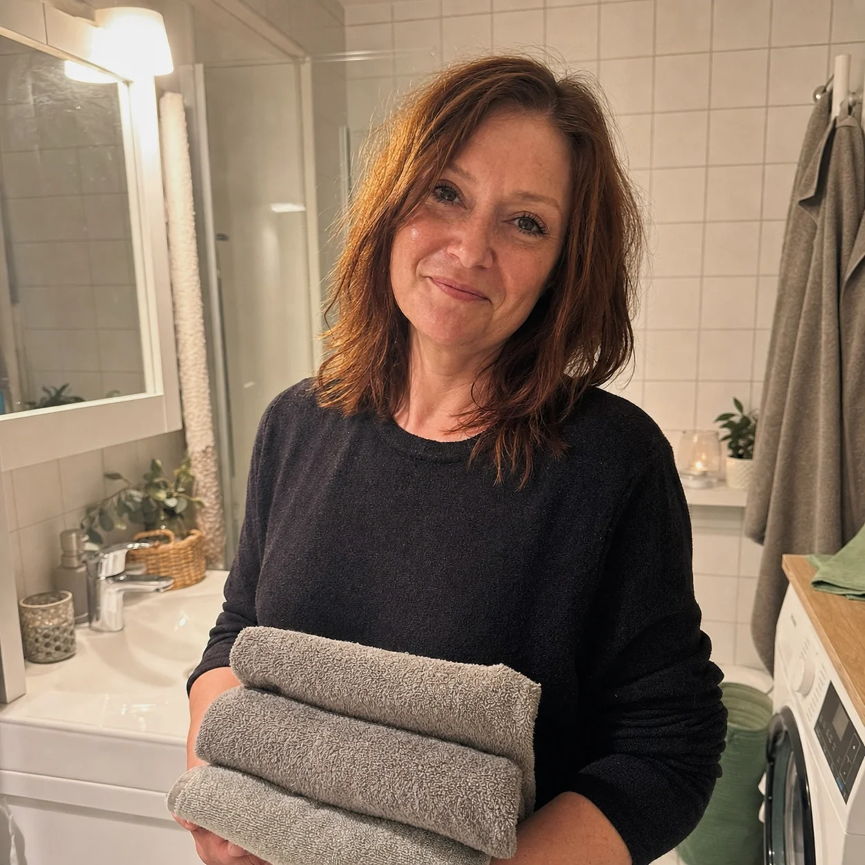 Kund med vikta handdukar i ett nystädat badrum