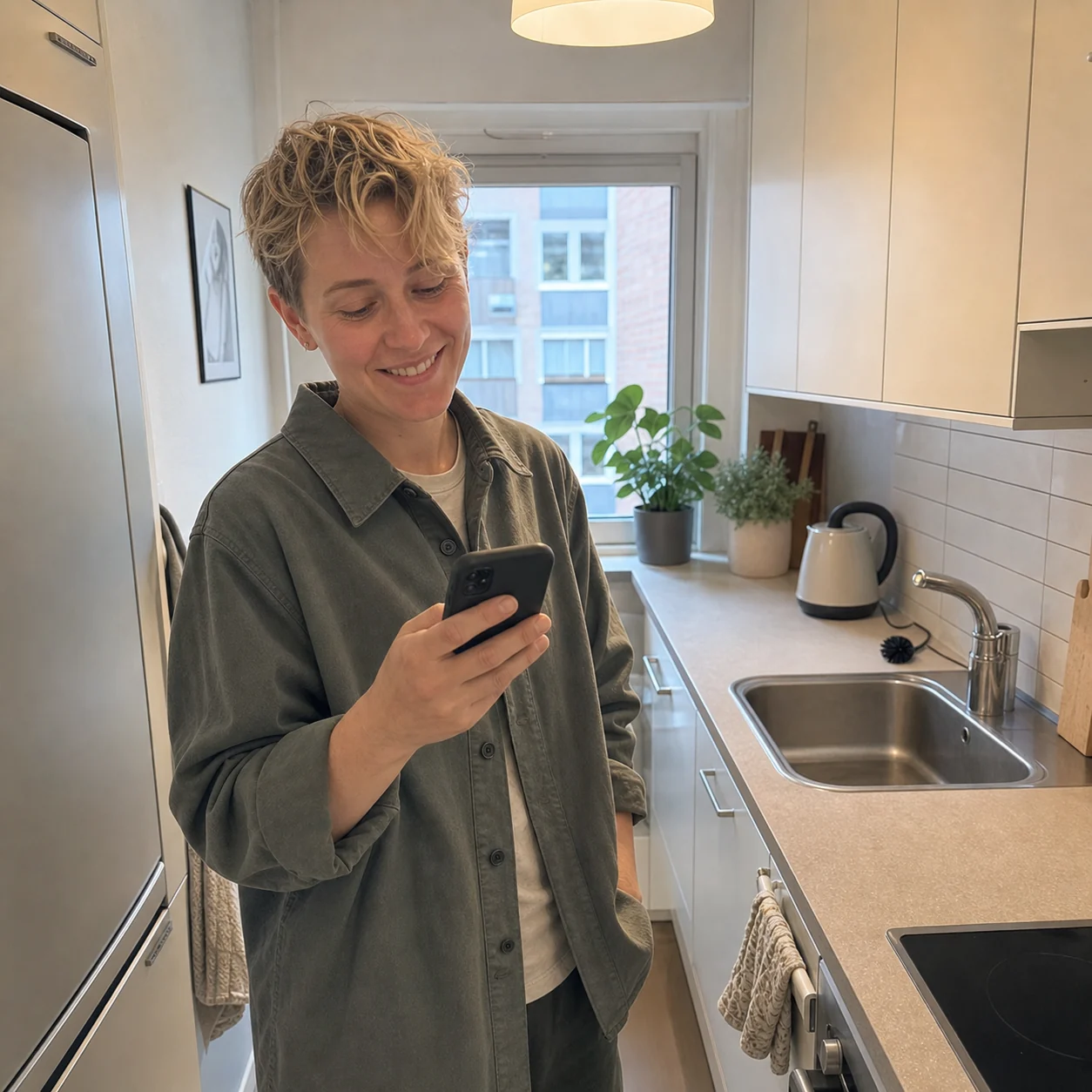 Kund som tittar i mobilen i ett rent litet kök